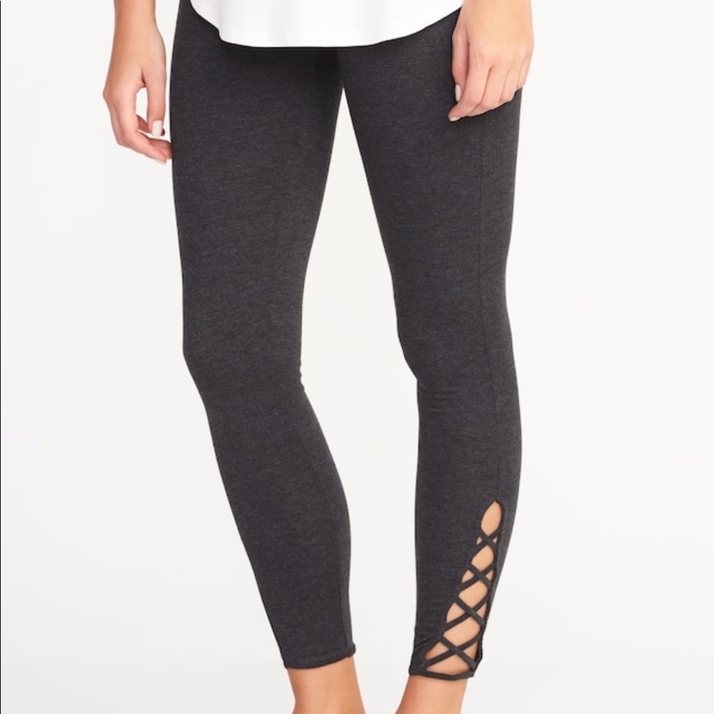 Grey Lattice-Hem Ankle Leggings